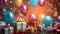 A close-up of helium-filled balloons in various shapes, adorned with \'Happy Birthday\'