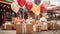A close-up of helium-filled various shapes, adorned with \'Happy Birthday\' messages and tied to gift boxes