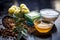 Close up of herbal face pack of Indian gooseberry or amla with curd or yogurt and honey in a glass bowl on wooden surface used to