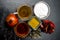 Close up of herbal and organic face pack of pomegranate with honey,green tea,curd or yogurt  on wooden surface in a bowl with some