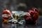 Close up of herbal and organic face pack of pomegranate with honey,green tea,curd or yogurt  on wooden surface in a bowl with some