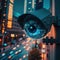 A close-up of a hi-tech security camera watching over the busy city street at night. Generative AI illustration