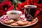 close-up of a hibiscus tea cup with a plate of cookies on a kitchen counter