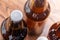 Close up high angle view of bottles of craft beer