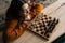 Close-up high angle view of pondering young woman in elegant eyeglasses thinking about chess move sitting on floor in