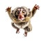 close-up high resolution photograph of cute fluffy funny Marmoset monkey, jumps toward camera view, isolated