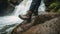 A close-up of a hiker\\\'s trekking shoes crossing a mountainous area near a waterfall, Generative AI