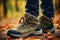 Close up of hiker wearing sturdy hiking shoes, exploring the great outdoors with confidence