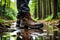 A close-up of hiking boots covered in mud and leaves, as they trudge through a dense forest trail