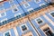 Close-up of a historic building facade in Porto`s old town with the typical blue Azulejo ceramic tiles