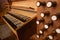 Close up of a historical wooden church organ, musical instrument