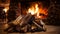 Close up of home furnishings firewood stacked in front of a mesmerizing burning fireplace