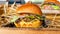 Close-up of home made burgers, fresh tasty cheeseburger