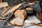 Close-up of homemade bread. Peasant square bread and wheat spikelets with space for text. Homemade baking. Sliced gray bread with