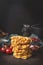 Close up of homemade italian pasta on dark kitchen table. Healthy italian food. Still life