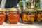 Close up of homemade vegetable preserves at farmers market