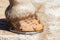 Close-up of a horse hoof with a horseshoe, after trimming and shaping by farrier. Copper nails are visible on the bright hoof