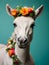 Close up, horse wearing a colorful big flower crown. Very minimalistic style, green background