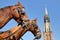Close-up on horses used for horse carriage on the main square Markt with Nieuwe Kerk clock tower in the background, Delft