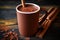 a close-up of a hot chocolate stir stick on a mug