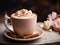 Close-up of hot chocolate with whipped cream and cinnamon sticks on a table with tender pink flowers. Warm drink made of grated or