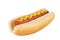 Close up on hot dog with mustard on top, isolated on white.