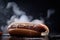 close-up of hot dog, with steamy bun and juicy meat in the foreground