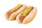 Close up on hot dogs with mustard on top, isolated on white.