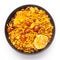 Close-Up of Hot spicy Nav Ratan snacks in a black Ceramic bowl, made with red chili, peanuts. Indian spicy snacks Namkeen,