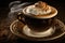 close-up of hot and steamy cup of turkish coffee, with cream foam on top