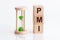 Close-up of an hourglass next to wooden blocks with the text PMI. PMI - Purchasing Managers Index