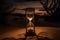 Close up of hourglass on sand in desert at night, created using generative ai technology