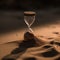 Close up of hourglass on sand in desert with sunlight, created using generative ai technology