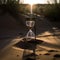 Close up of hourglass on sand in desert with sunlight, created using generative ai technology