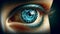 A close-up of a human eye with futuristic digital augmentation, implying advanced technology.