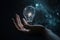 Close up of human hand holding light bulb on dark background with smoke, Realistic human hand holding a lightbulb, AI Generated