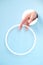 Close up of human hand protruding through hole in blue background, holding gift