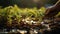 Close up of human hand watering young plant with soil on blurred background. AI Generated