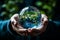 Close up of human hands holding glass globe with planet earth inside. Earth day concept. Ai generative