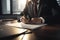 Close-up human hands view of businessman signing documents. Generative AI