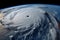 close-up of hurricane, with clouds swirling and rain pouring down