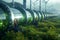 Close up of hydrogen pipeline symbolizes green energy production with turbines
