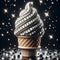 A close-up of an ice cream cone. A ball of white ice cream in a waffle cone in rhinestones. Extravagant bright photo, creative