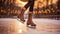 Close-up of ice skater& x27;s boots on frozen pond ice rink, winter sunset festive bokeh background