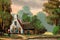 Close-up if Vintage Idyllic Country Cottage and Log Cabin Oil Painting