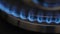 A close-up of the ignition of a gas stove. Gas burns with a blue flame in a dark room