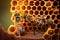 Close-up illustration of bees inside a hive of honey. AI Generation
