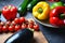 Close-up image of an array of Colorful Mediterranean vegetables zucchinis, tomatoes, sweet peppers