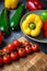 Close-up image of an array of Colorful Mediterranean vegetables zucchinis, tomatoes, sweet peppers