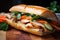 close-up image of a Banh Mi sandwich with a crunchy baguette, tender grilled chicken, pickled carrots and daikon, jalapeno,